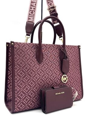 Michael Kors Medium Mirella Tote Bag & Matching Bifold Zip Chain Wallet Ox Blood